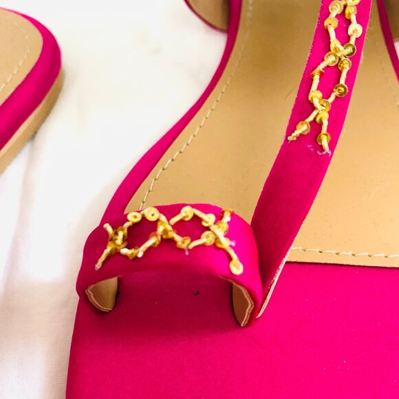 NWT Bright Pink Gold Embroidered Preet Kaur India Designer Sandals Flats 40 - Picture 3 of 7